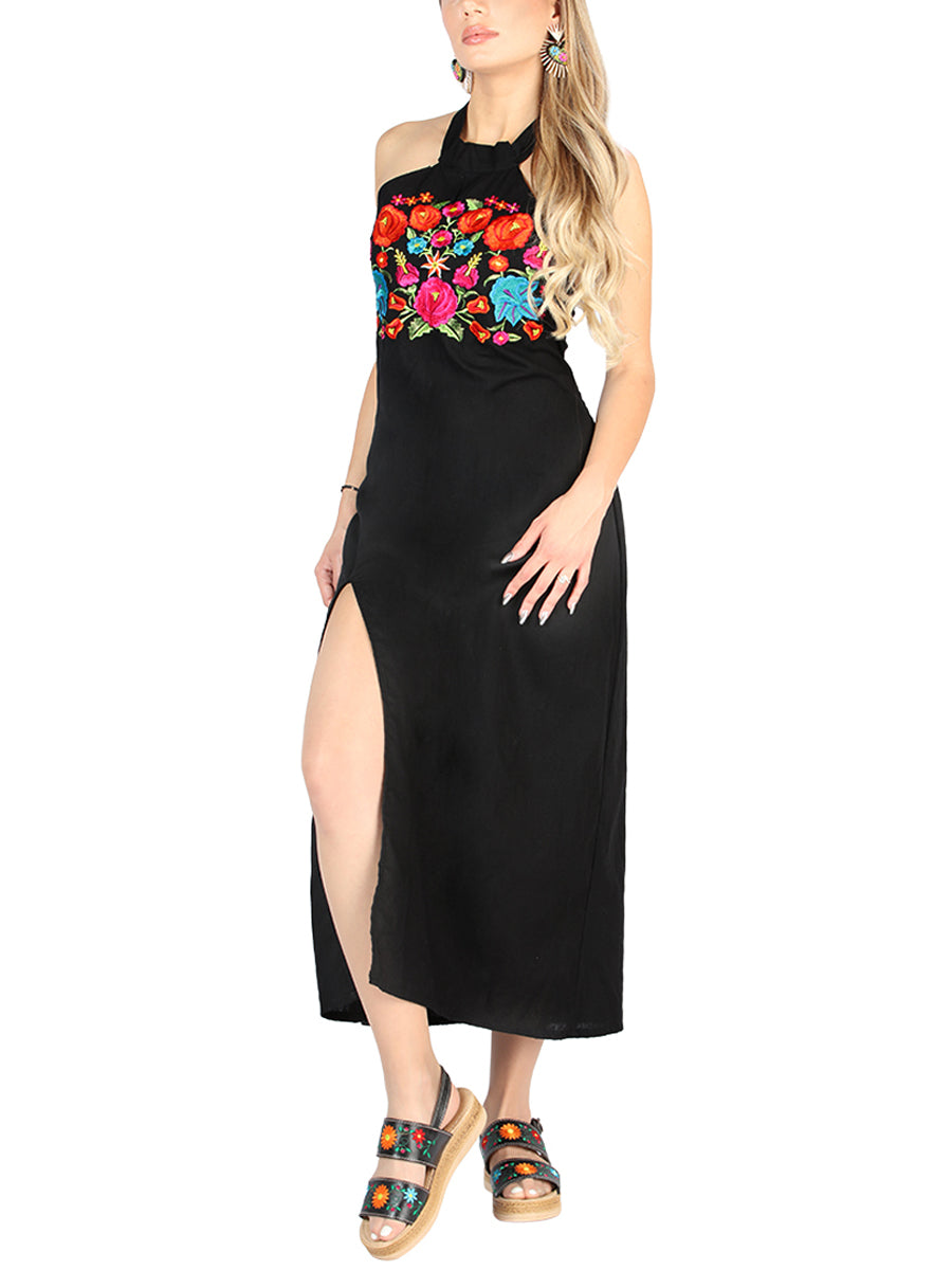 Artesanal Bordado Vestido 100% Algodón Negro 604056