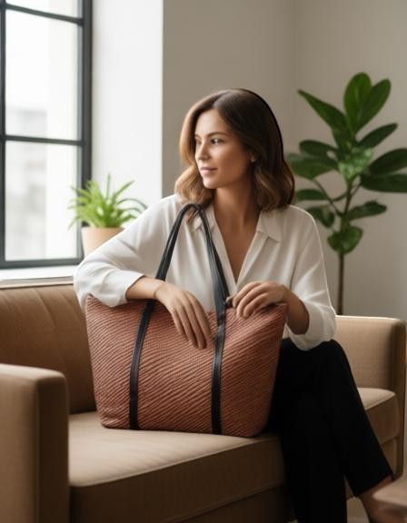 Mujer sentada en sofá con bolsa RAVAC estilo western en tonos blanco y café, diseño elegante y versátil
