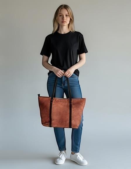 Modelo sosteniendo bolsa RAVAC estilo western en tonos café y blanco con asas oscuras para outfit casual