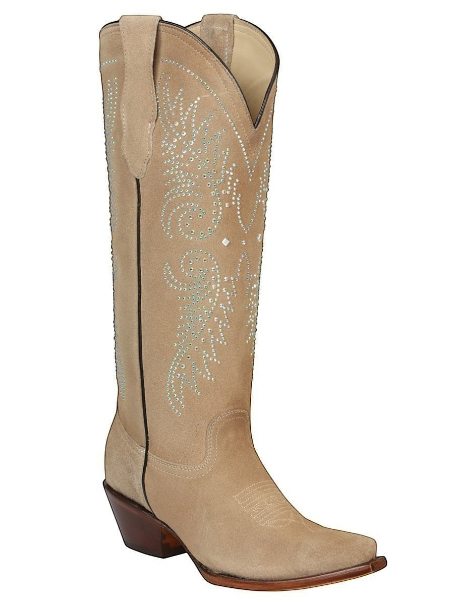 Bota vaquera RAVAC El General de piel color beige con detalles de pedrería brillante y estilo western para mujer.