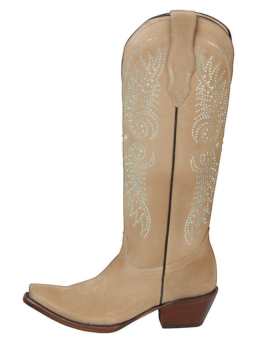 Bota vaquera RAVAC El General de piel color beige con detalles de pedrería brillante y estilo western para dama