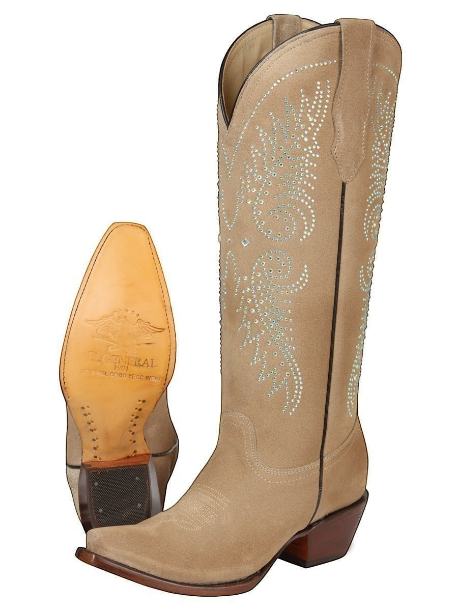 Bota vaquera RAVAC El General de piel color beige con pedrería brillante y tacón cubano para mujer