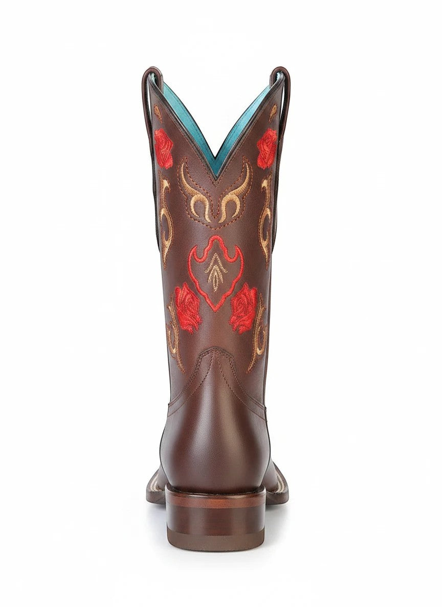 Bota vaquera RAVAC El General para dama en piel bovino color chocolate con bordado de rosas rojas y detalles western