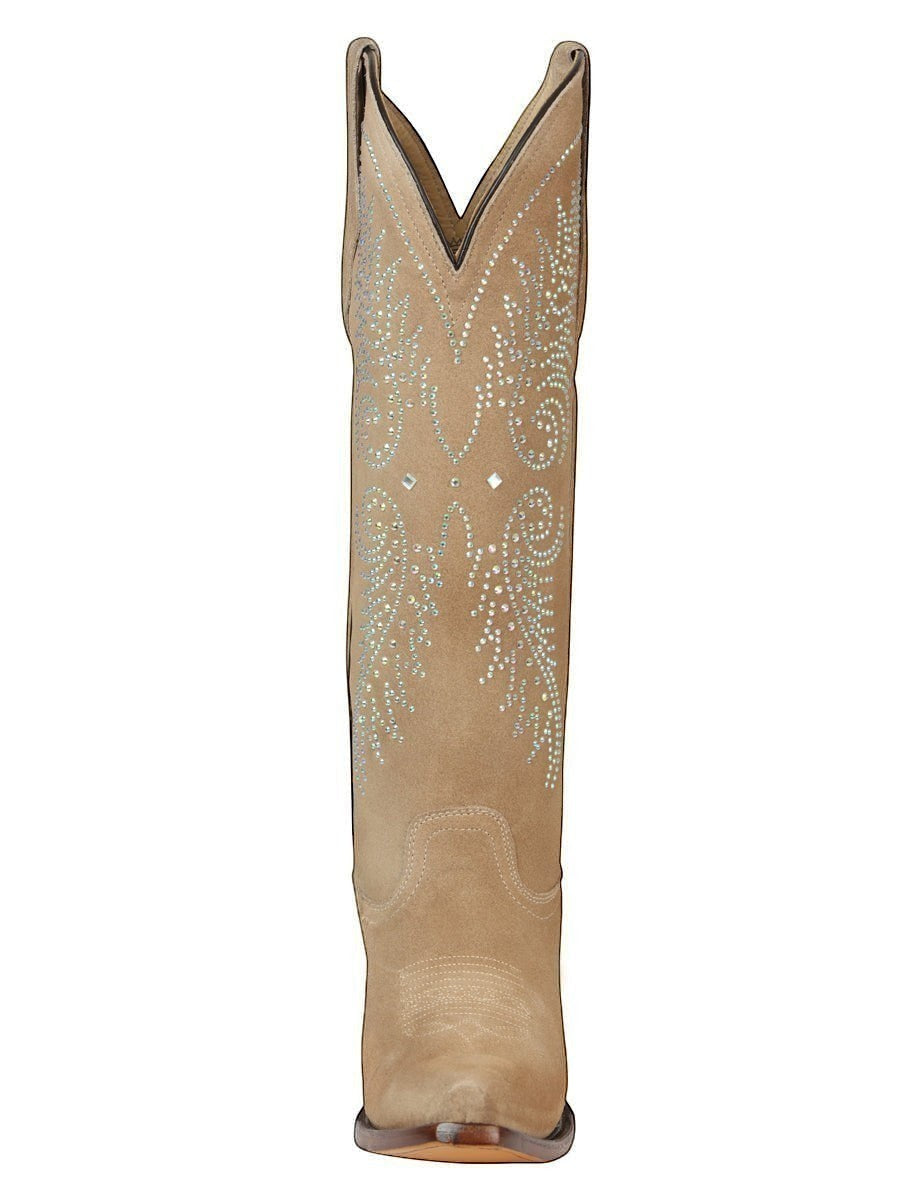 Bota vaquera de mujer RAVAC El General en ante color beige con detalles de pedrería brillante y diseño western.