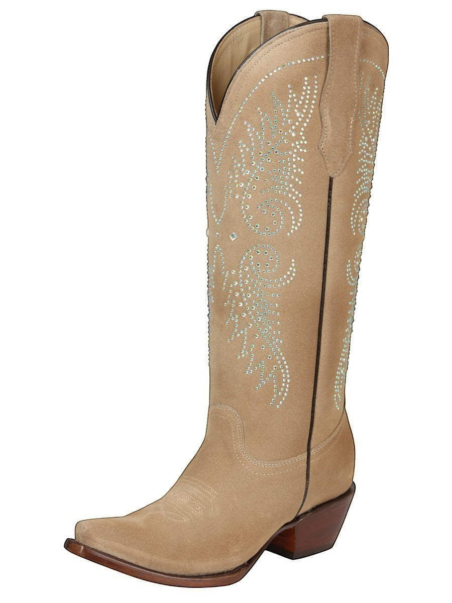 Bota vaquera de mujer RAVAC El General en piel color beige con detalles de pedrería brillante y diseño western