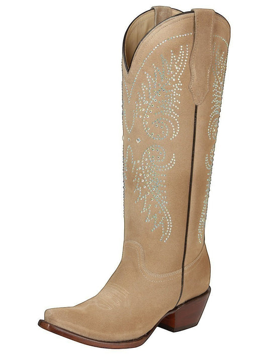 Bota vaquera de mujer RAVAC El General en piel color beige con detalles de pedrería brillante y diseño western