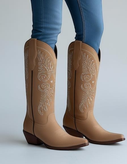 Bota vaquera de mujer RAVAC en color beige con detalles de pedrería brillante y diseño western elegante