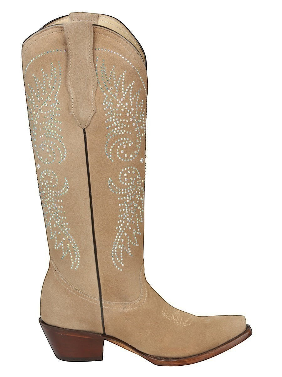 Bota vaquera RAVAC para mujer en piel color beige con detalles de pedrería brillante y diseño western elegante