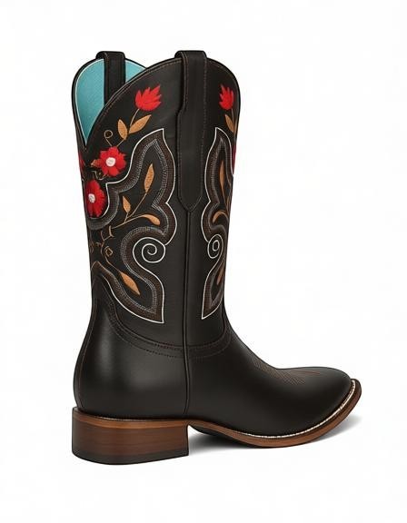 Bota vaquera de mujer RAVAC en piel bovino color café con bordado floral rojo y detalles en caña alta estilo western