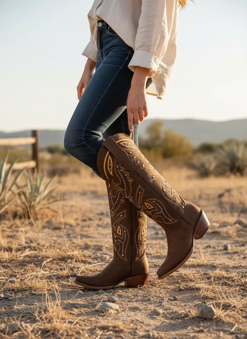 Bota vaquera de mujer RAVAC El General en color café con bordados detallados y estilo western en un entorno rural.