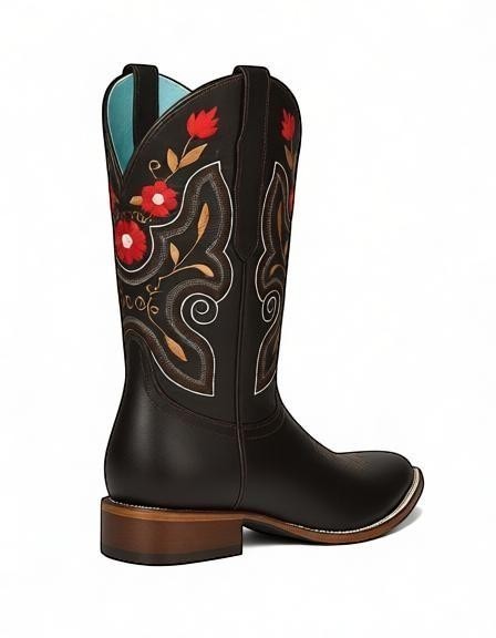 Bota vaquera RAVAC para mujer en piel bovino color café con bordado floral rojo en la caña y tacón bajo