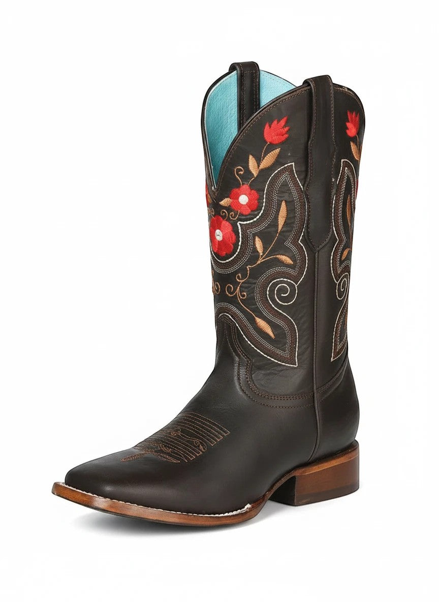 Bota vaquera para mujer RAVAC El General en piel bovino color café con bordado floral rojo y detalles en caña