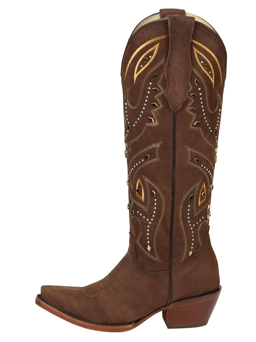Bota vaquera de mujer RAVAC El General en color café con bordados detallados y aplicaciones metálicas estilo western.