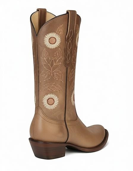 Bota vaquera de mujer RAVAC El General en piel color café con bordados florales y tacón estilo rodeo