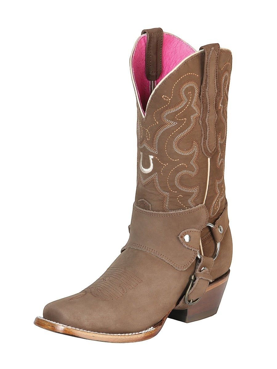 Bota vaquera RAVAC El General para mujer en piel nobuck color camel con bordados western y detalle de herraje lateral