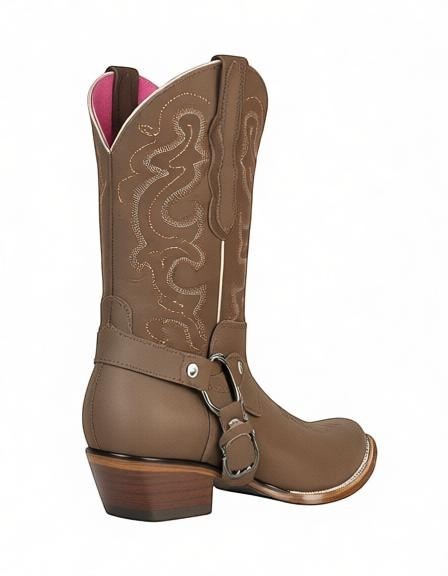 Bota vaquera RAVAC El General para mujer en piel nobuck color camel con detalle de arnés y bordado western