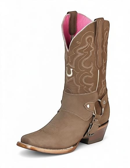 Bota vaquera RAVAC El General para mujer en piel nobuck color camel con detalles bordados y arnés lateral