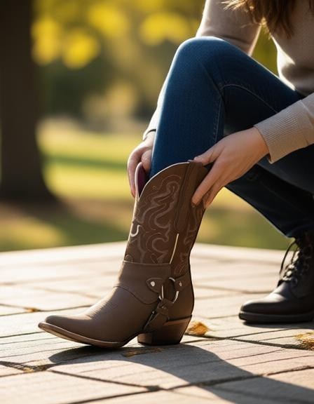 Bota vaquera RAVAC El General para mujer en piel nobuck color camel con bordados estilo western y detalle de arnés