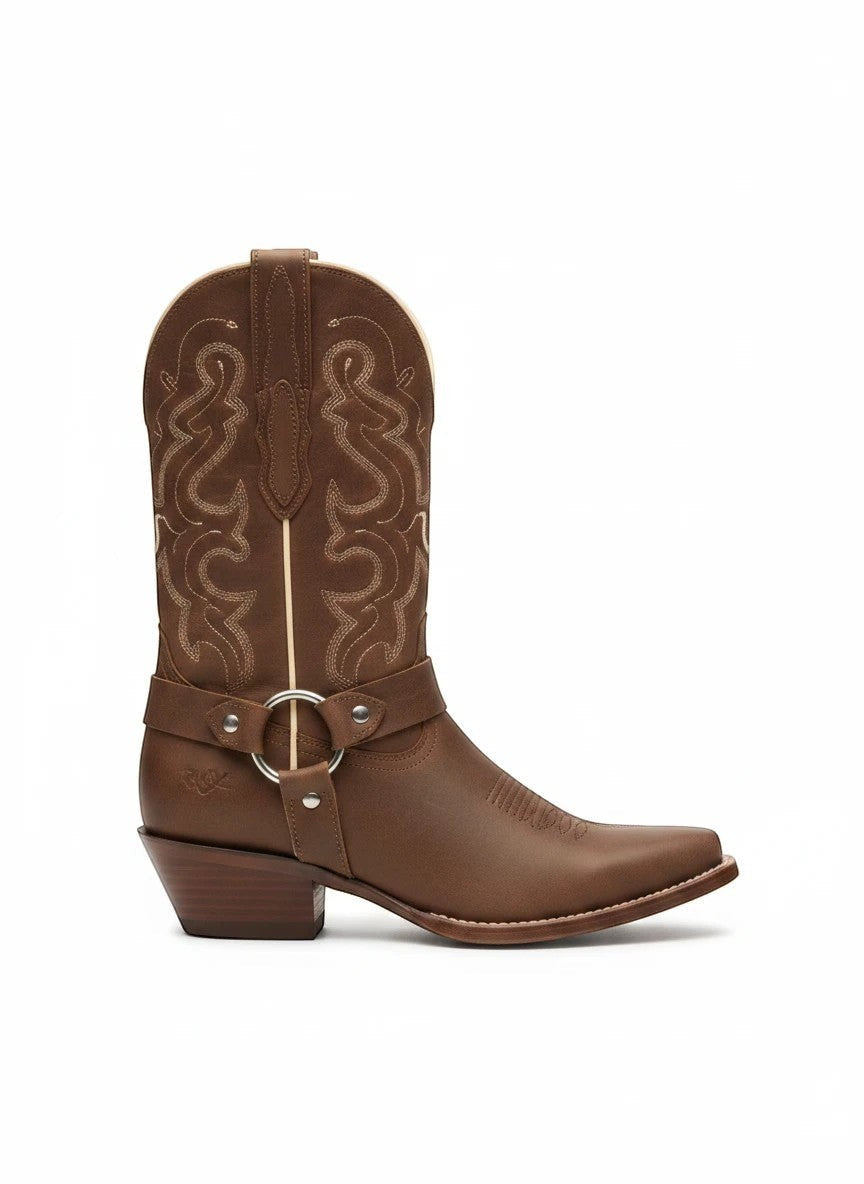 Bota vaquera RAVAC El General para mujer en piel nobuck color camel con detalles bordados y arnés lateral