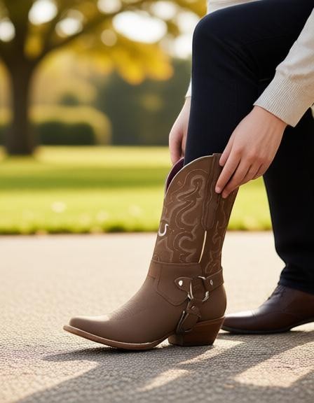 Bota vaquera RAVAC El General para mujer en piel nobuck color camel con detalles bordados y arnés lateral