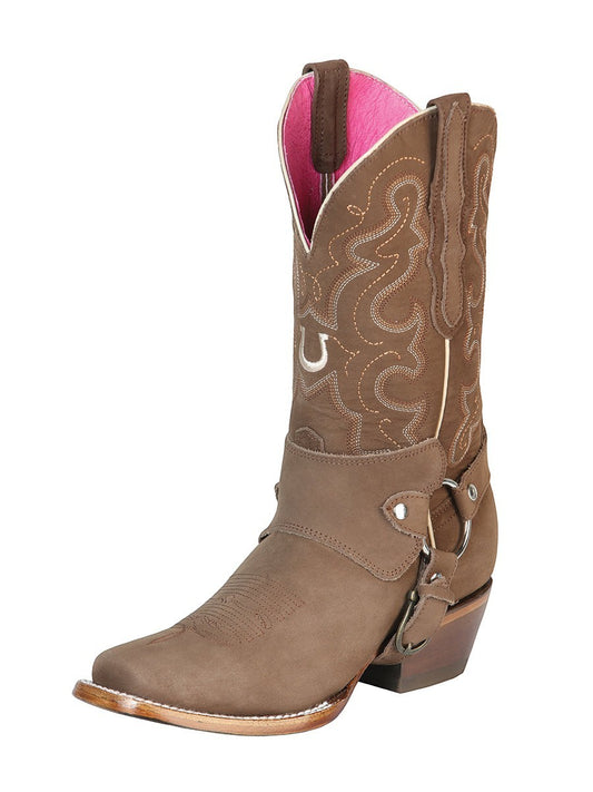 Bota vaquera RAVAC El General para mujer en piel nobuck color camel con bordados y detalle de arnés lateral