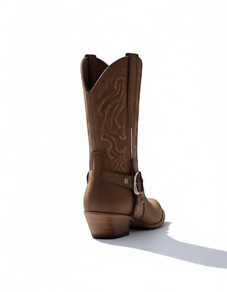 Bota vaquera de mujer RAVAC El General en piel nobuck color camel con bordados y hebilla lateral, vista trasera.