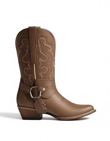 Bota vaquera RAVAC para mujer en piel nobuck color camel con bordados decorativos y hebilla lateral estilo western