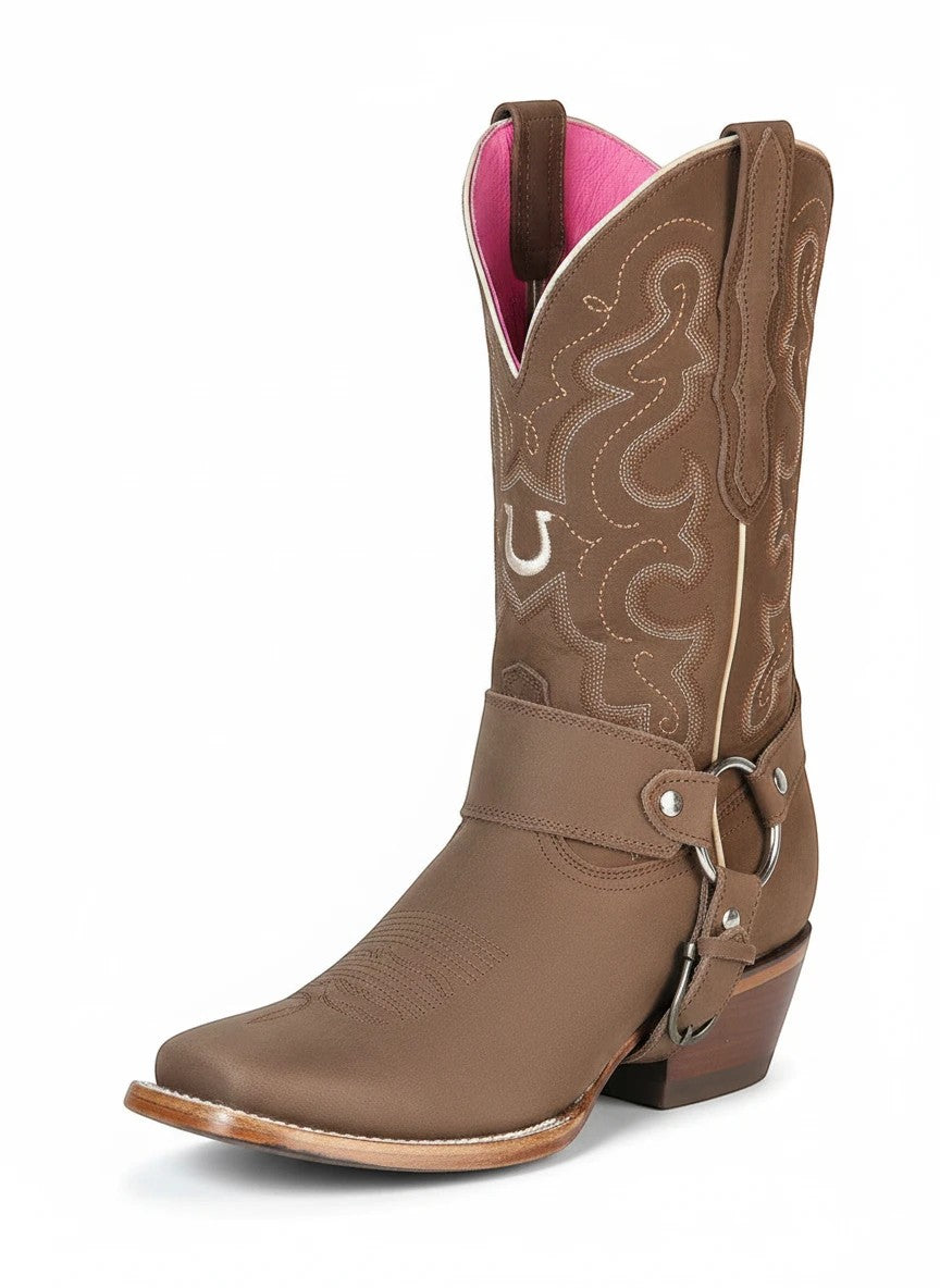 Bota vaquera RAVAC El General para mujer en piel nobuck color camel con bordados y detalle de arnés metálico