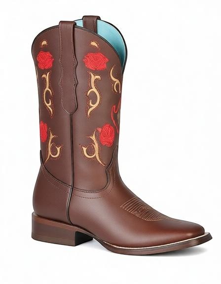 Bota vaquera RAVAC para mujer en piel bovino color chocolate con bordado de rosas rojas y estilo western