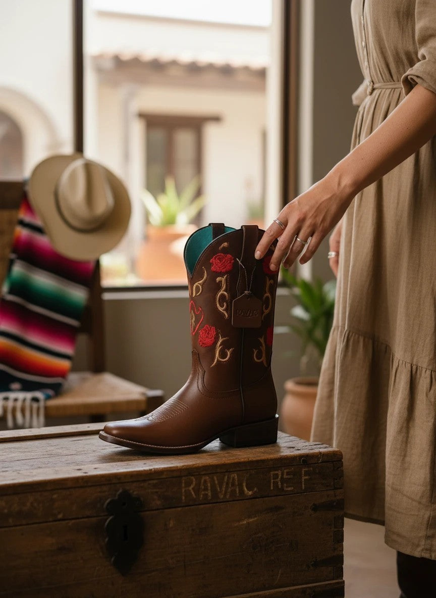 Bota vaquera RAVAC para mujer en piel bovino color chocolate con bordados florales rojos y detalles estilo western