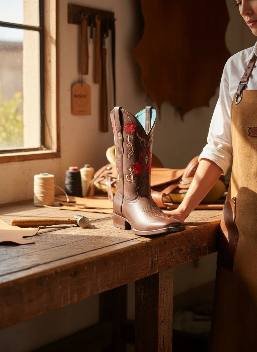 Bota vaquera RAVAC para mujer en piel bovino color chocolate con bordado de flores rojas en taller artesanal