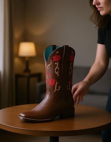 Bota vaquera RAVAC para mujer en piel bovino color chocolate con bordados de rosas rojas y detalles dorados