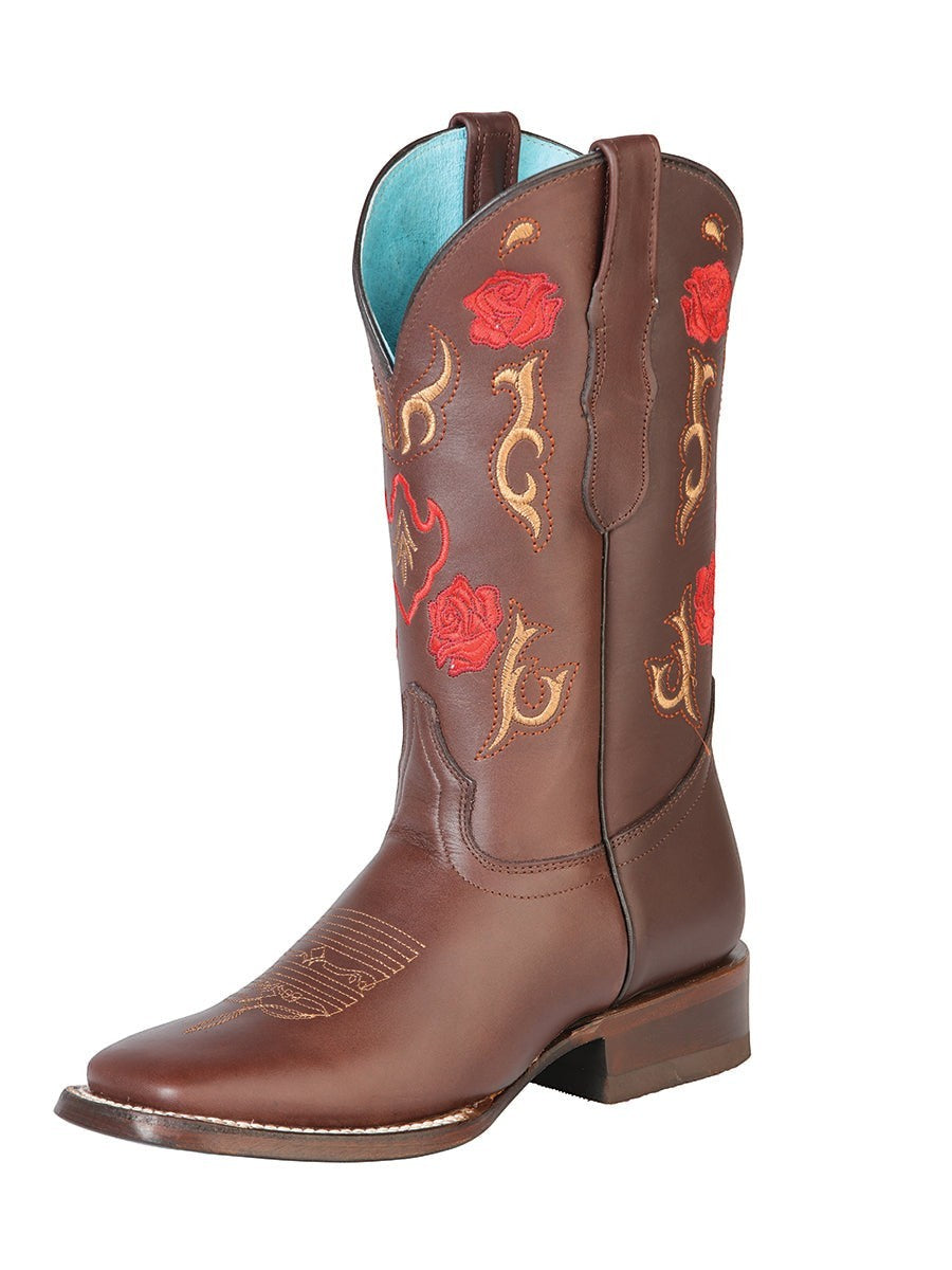 Bota vaquera RAVAC para mujer en piel bovino color chocolate con bordado de rosas rojas y detalles en hilo dorado