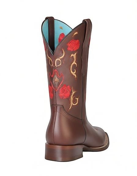 Bota vaquera RAVAC para mujer en piel bovino color chocolate con bordado de rosas rojas y detalles dorados
