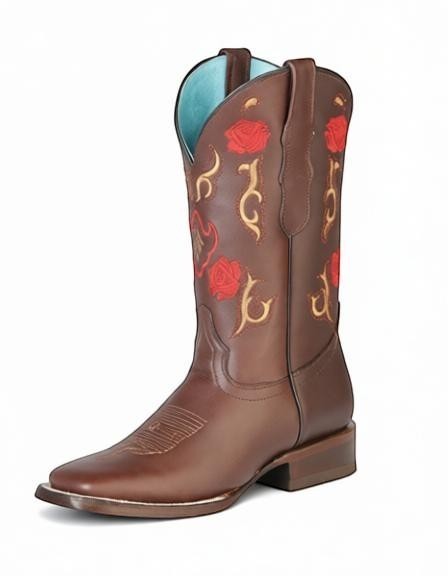 Bota vaquera RAVAC para mujer en piel bovino color chocolate con bordado de rosas rojas y detalles western