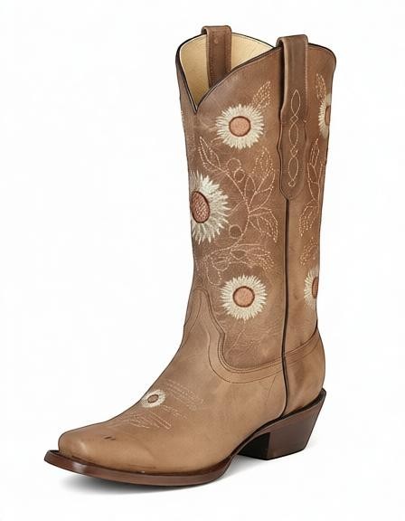 Bota vaquera de mujer RAVAC El General Rodeo 51230 en piel color café con bordado detallado de girasoles