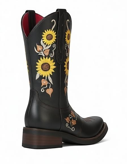 Bota vaquera RAVAC para mujer en piel negra con bordado de girasoles y tacón robusto estilo western