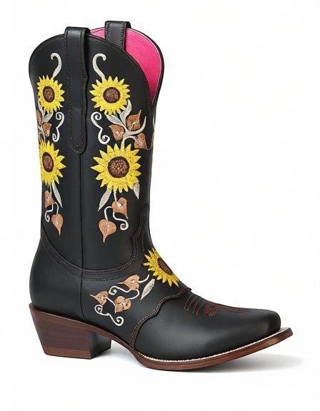Bota vaquera de mujer RAVAC El General en piel negra con bordado de girasoles amarillos y tacón estilo rodeo