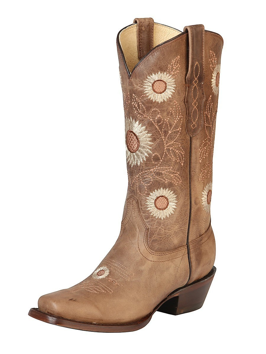 Bota vaquera de mujer RAVAC El General Rodeo 51230 en piel café con bordado de girasoles y estilo western