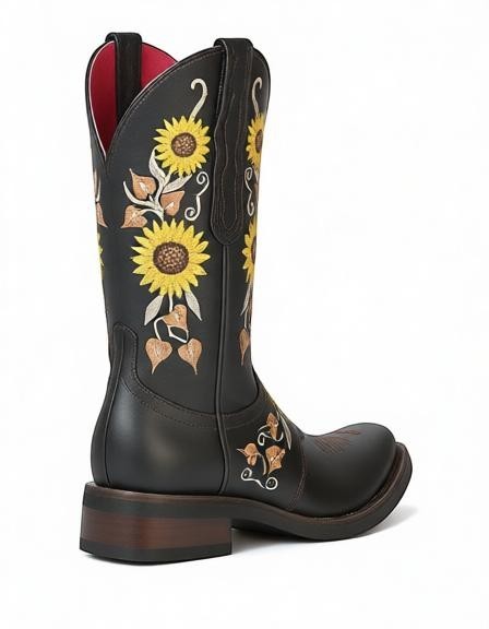 Bota vaquera RAVAC para mujer en piel negra con bordado de girasoles amarillos y tacón bajo estilo western