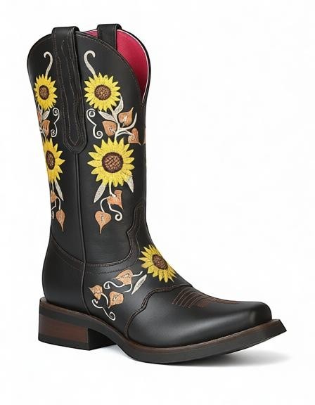 Bota vaquera RAVAC para mujer en piel negra con bordado de girasoles amarillos y estilo western