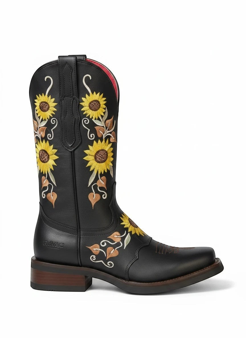 Bota vaquera RAVAC para mujer en piel negra con bordado detallado de girasoles amarillos y estilo western