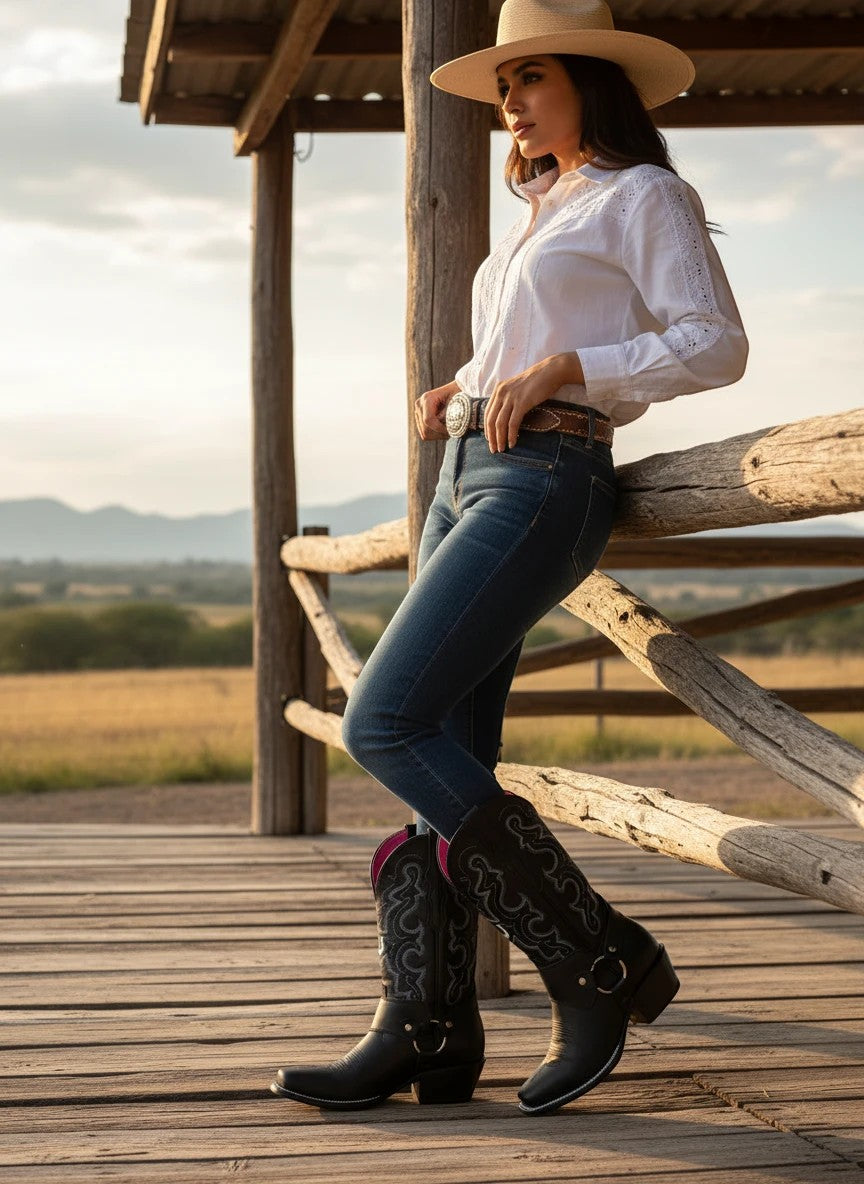Mujer con botas vaqueras negras RAVAC de piel crazy, estilo western, posando en un entorno rural al atardecer.