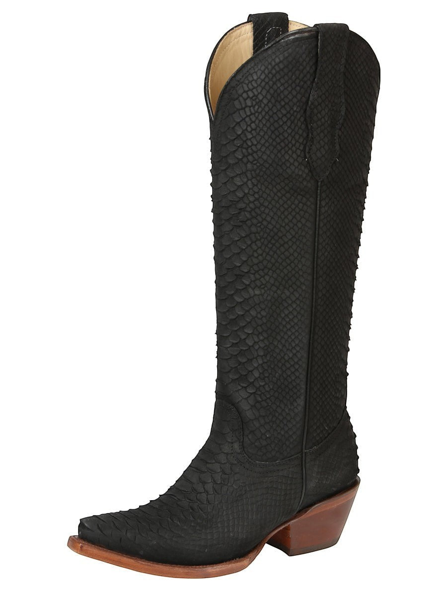Bota vaquera RAVAC El General para mujer en piel negra con textura de escamas y tacón de madera estilo western
