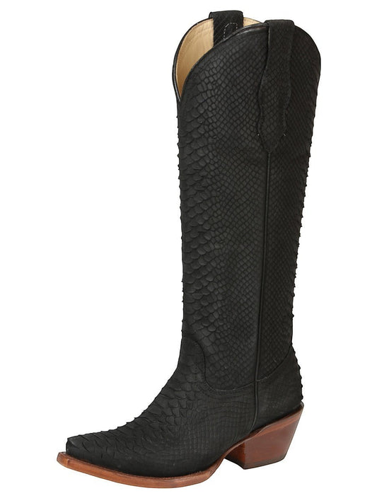 Bota vaquera RAVAC El General para mujer en piel negra con textura de escamas y tacón de madera estilo western