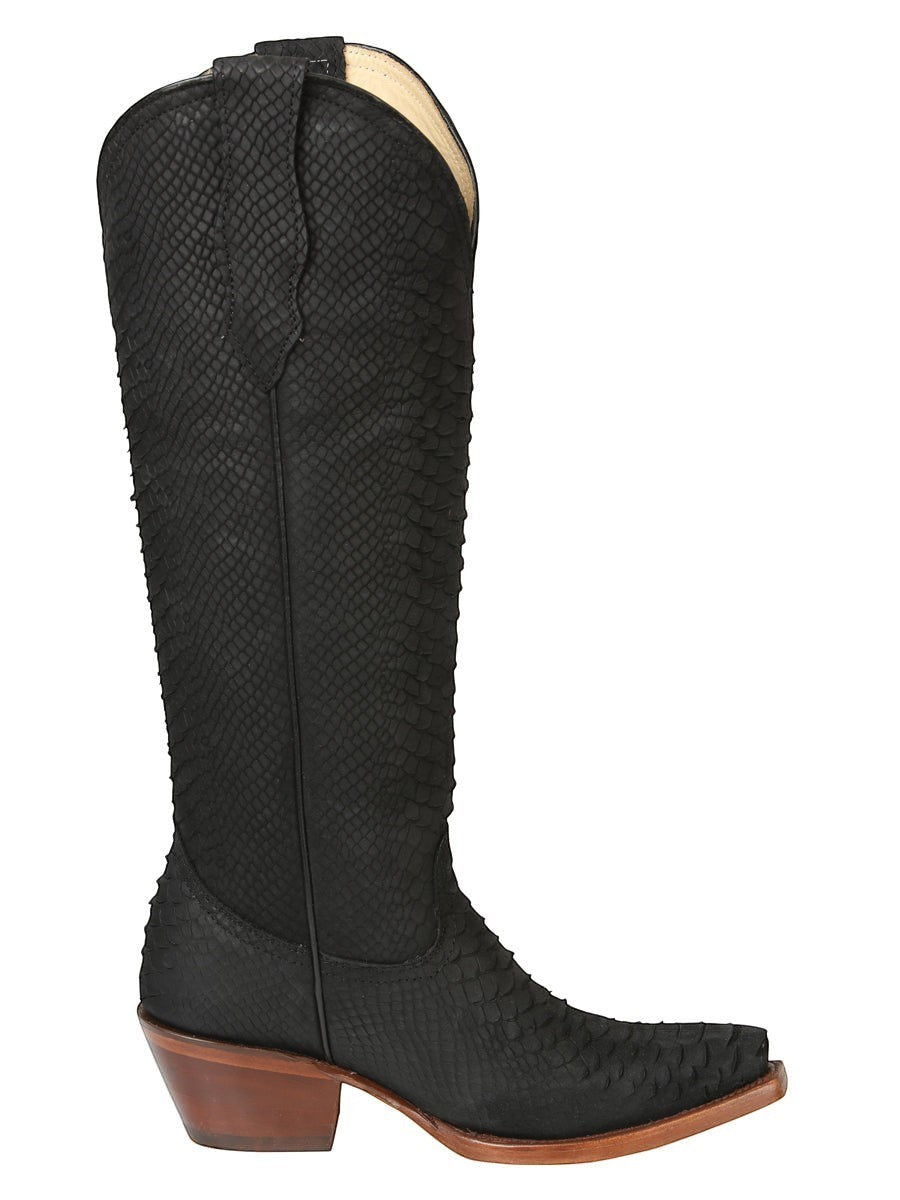Bota vaquera de mujer RAVAC El General en piel negra con textura de escamas y tacón de madera estilo western