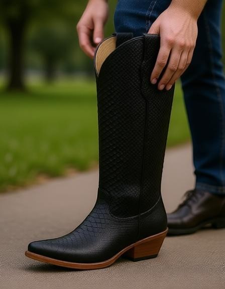 Bota vaquera de mujer RAVAC El General en color negro con textura de piel y tacón de madera estilo western