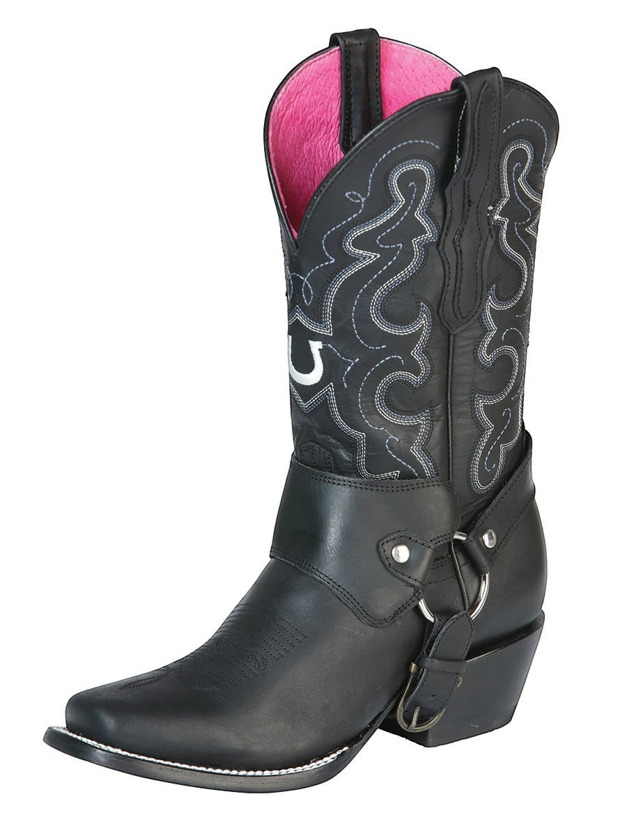Bota vaquera de mujer RAVAC El General en piel crazy negra con bordados decorativos y detalle de arnés lateral