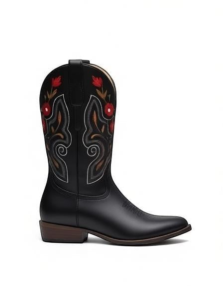 Bota vaquera de mujer RAVAC en piel color negro con bordado floral rojo y blanco en la caña estilo western