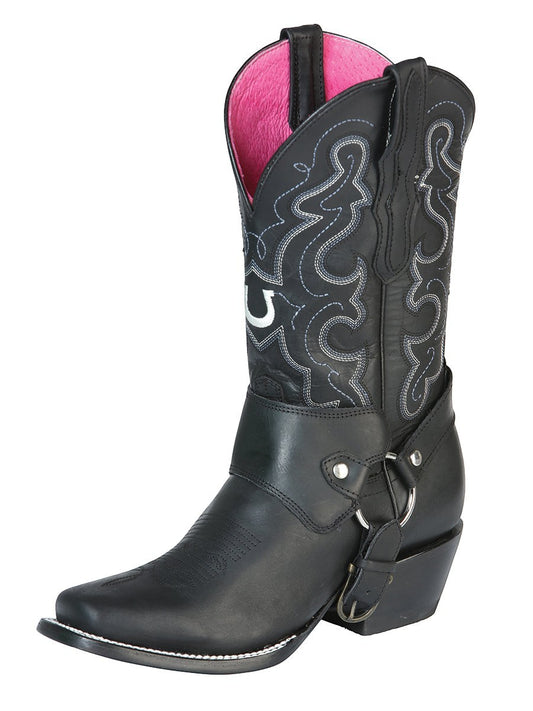 Bota vaquera RAVAC El General para mujer en piel crazy negra con detalles bordados y forro interior rosa
